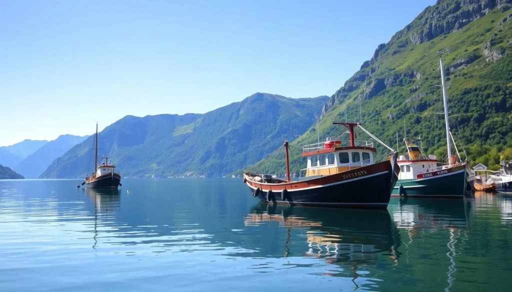 Image of a serene Hjorundfjord with traditional Norwegian boats