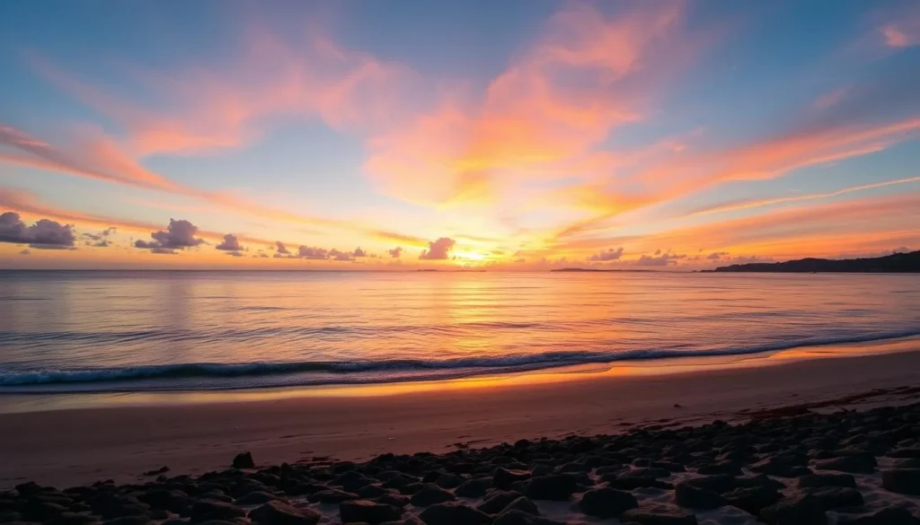 Image of a serene Ilha de Paqueta beach at sunset