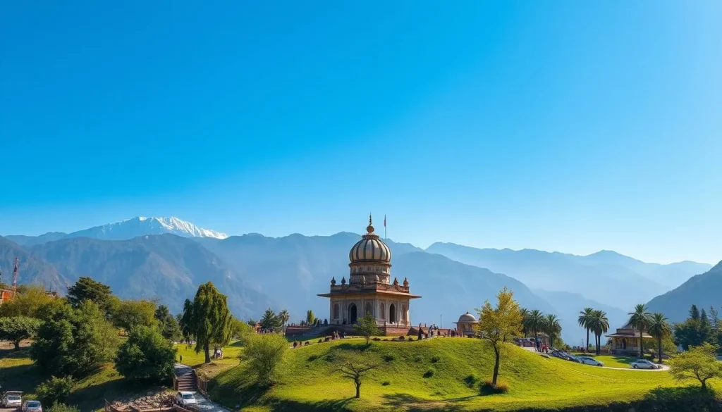 Image of a serene Kashmiri landscape with a religious monument