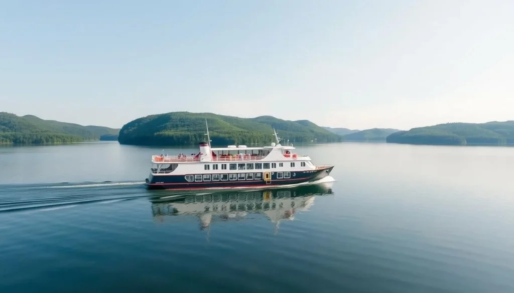 Image of a serene Lake Pielinen with the M/S Marival II cruise ship