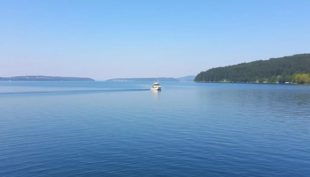Image of a serene Lake Vinstre with a fishing boat in the distance