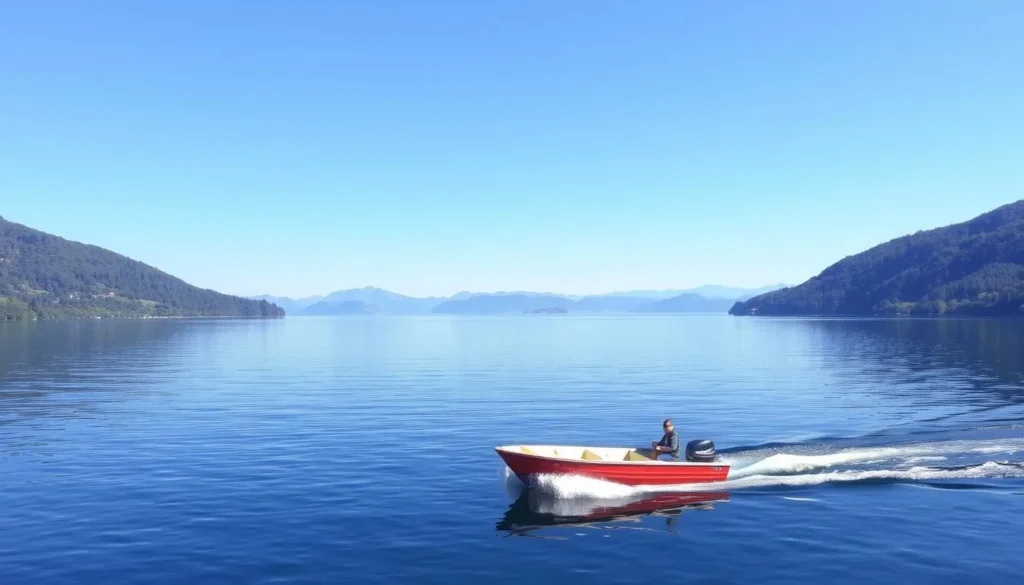 Image of a serene Lake Vinstre with a rented motorboat gliding across its calm waters.