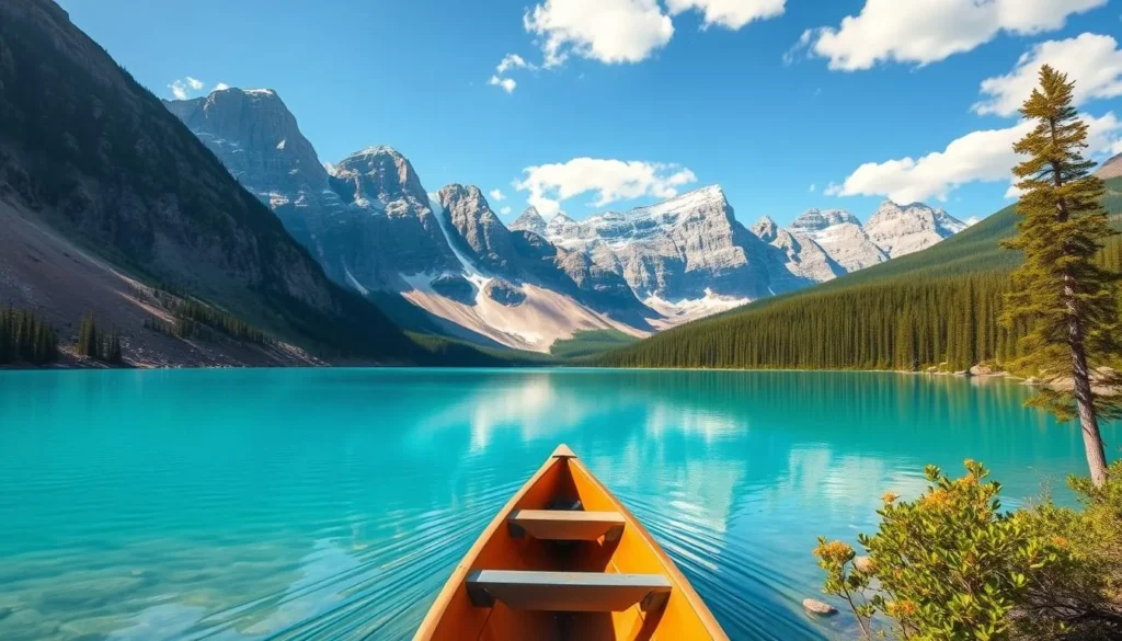 Image of a serene Moraine Lake with a canoe paddling across its turquoise waters surrounded by the majestic Ten Peaks.