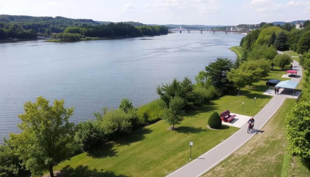 Image of a serene Vltava River landscape with cycling paths and picnic areas.