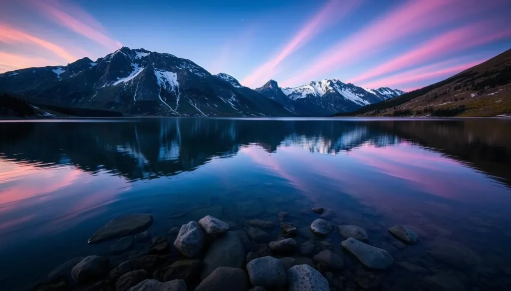 Image of a serene alpine lake in Stora Sjöfallet National Park during the midnight sun