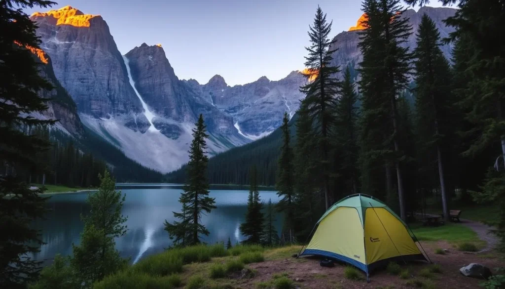 Image of a serene backcountry campsite near Maligne Lake at sunrise
