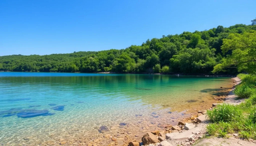 Image of a serene beach area at Slapy Reservoir with clear water and lush greenery