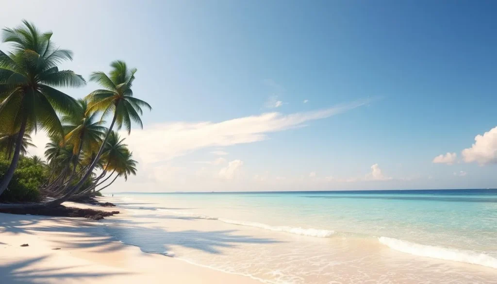 Image of a serene beach in French Guiana with palm trees and clear waters