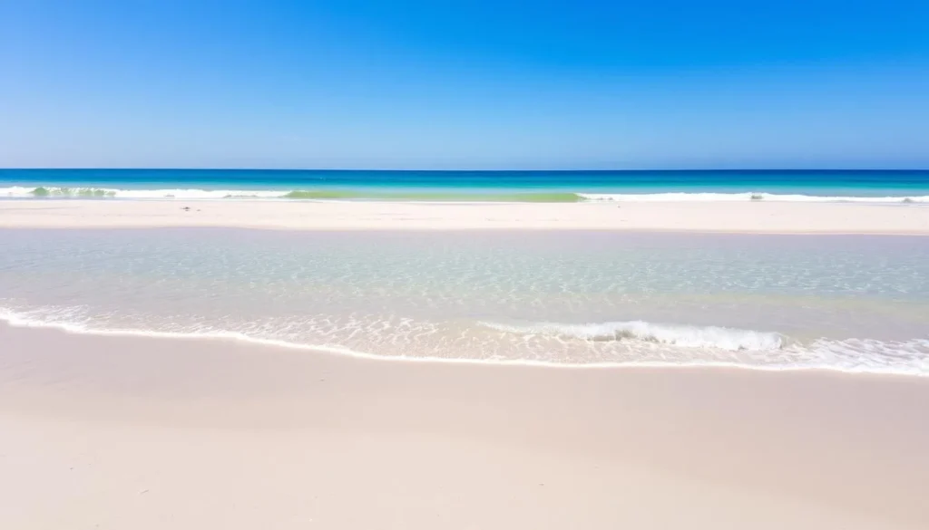 Image of a serene beach in Halland County with clear blue waters and sandy shores.