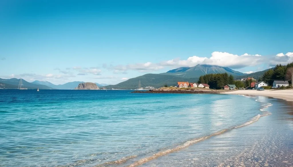 Image of a serene beach in Sandefjord with clear waters and scenic surroundings