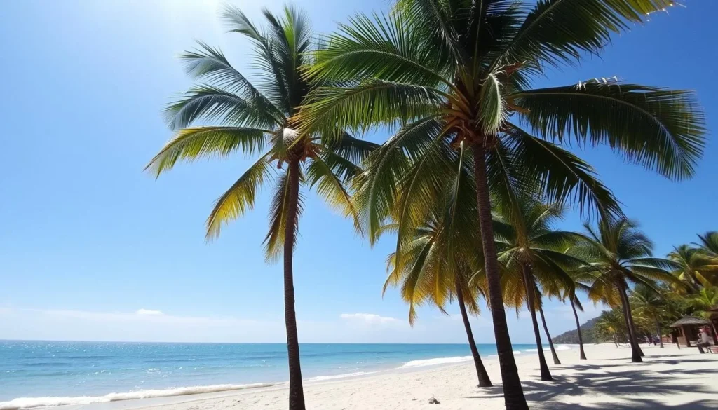 Image of a serene beach near Cayenne with palm trees and a clear sky