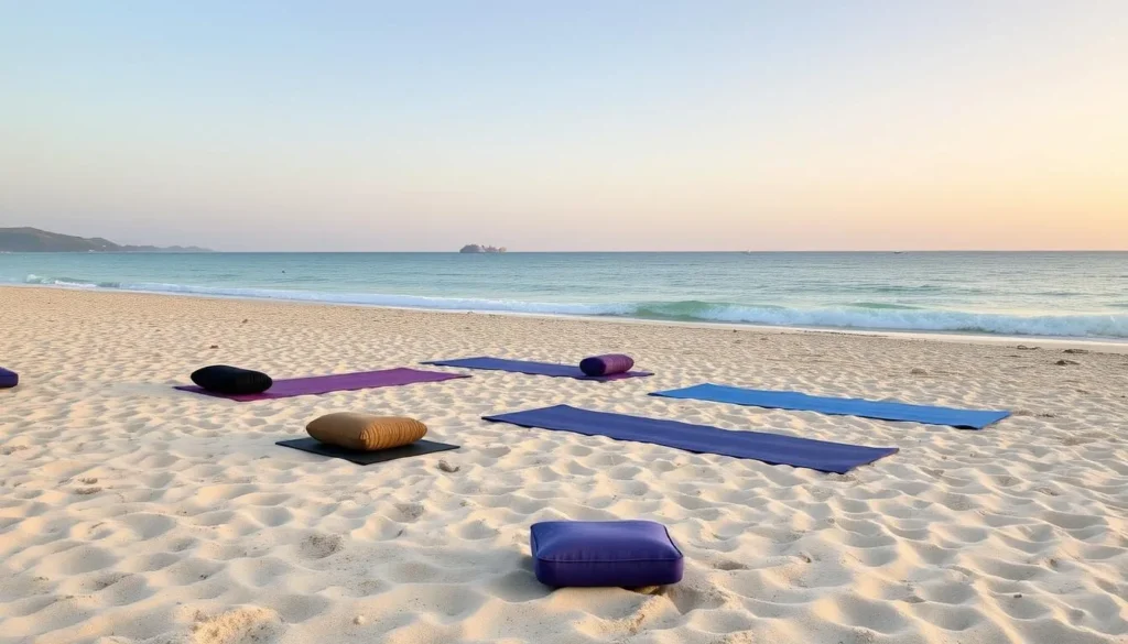 Image of a serene beach on Ilha do Frances with yoga mats and meditation cushions