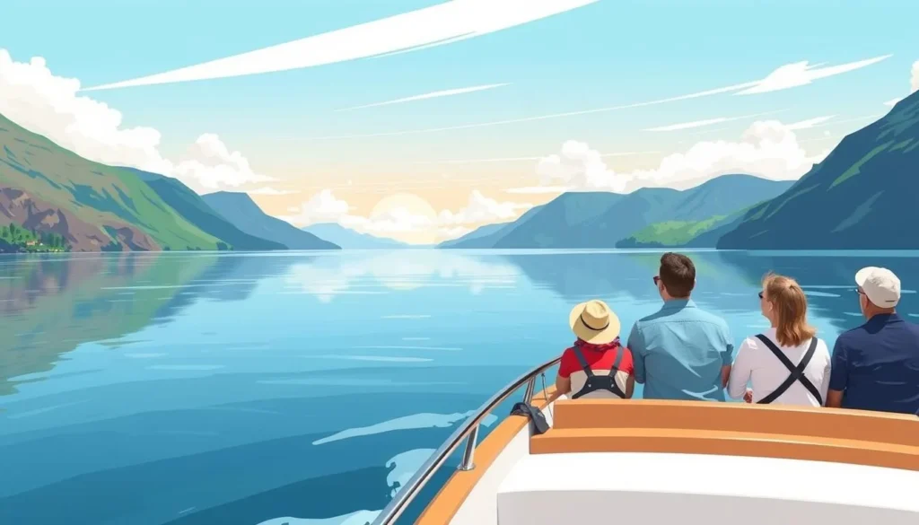 Image of a serene boat tour on Lake Randsfjorden with passengers enjoying the scenery