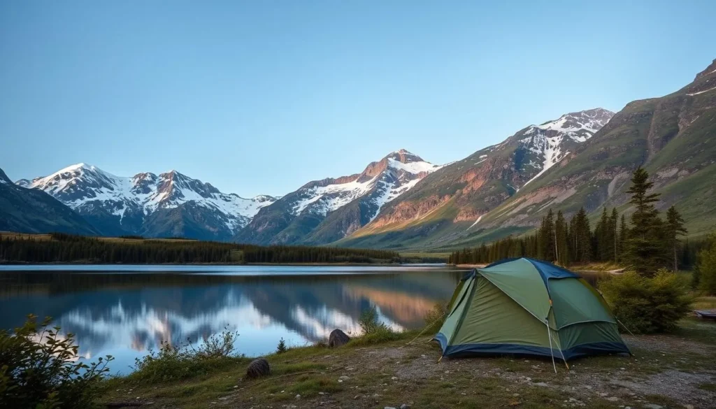 Image of a serene camping spot near Lake Tarfalajaure with mountains in the background