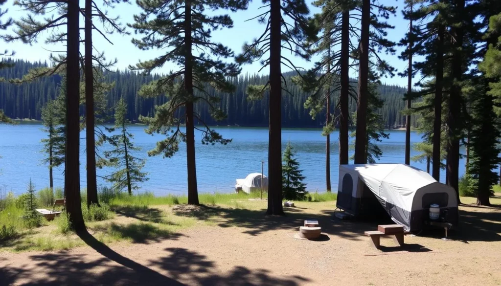 Image of a serene campsite at Crooked Lake with lodgepole pine trees surrounding it.