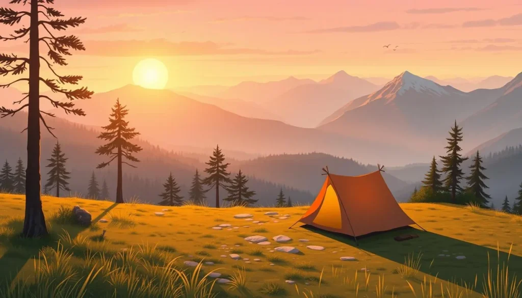 Image of a serene campsite in the Drahany Highlands during sunrise.