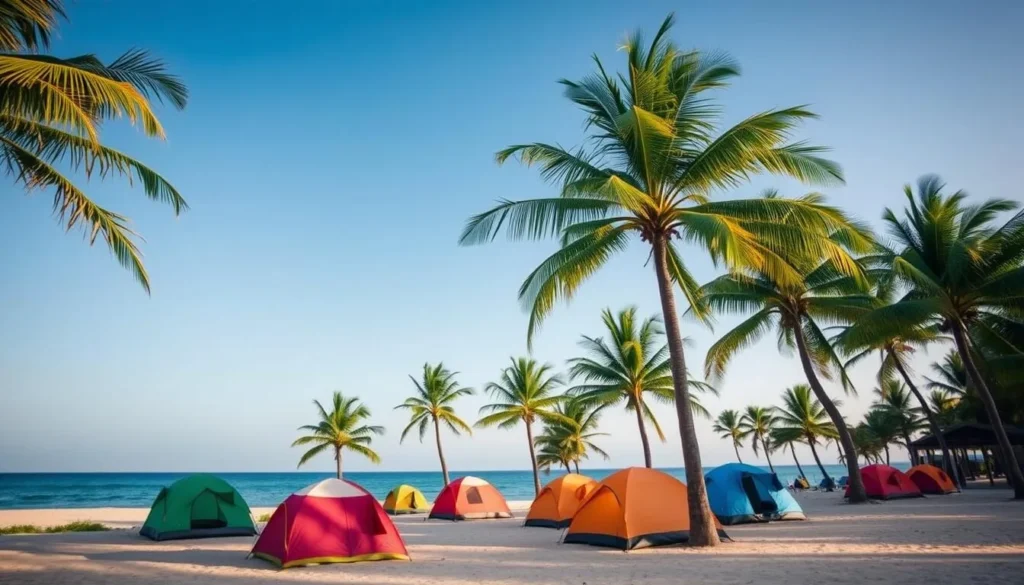 Image of a serene campsite on Blanquilla Island with a few tents under palm trees.