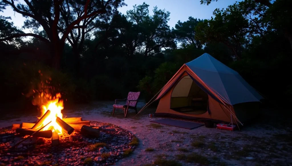 Image of a serene campsite on Cumberland Island with a tent and a campfire
