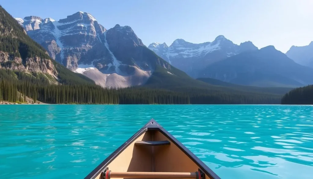 Image of a serene canoe ride on Maligne Lake with turquoise waters and surrounding mountains