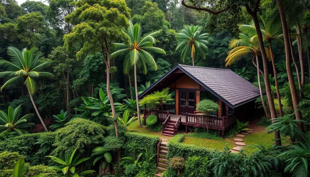 Image of a serene eco-lodge in Brokopondo, Suriname, surrounded by lush rainforest.