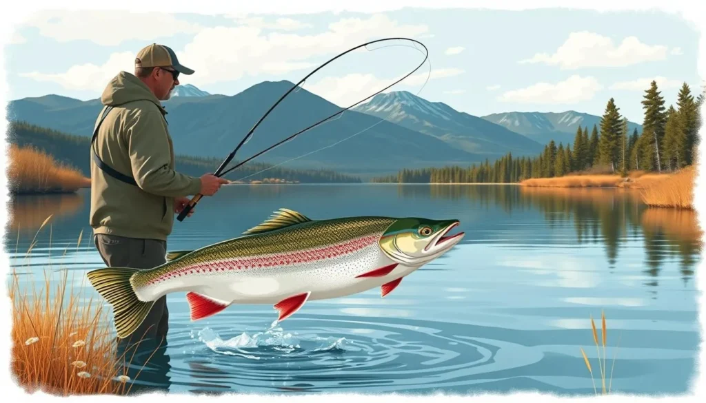 Image of a serene fishing scene on Lake Hornavan with a fisherman reeling in a large Trout or Arctic Char.