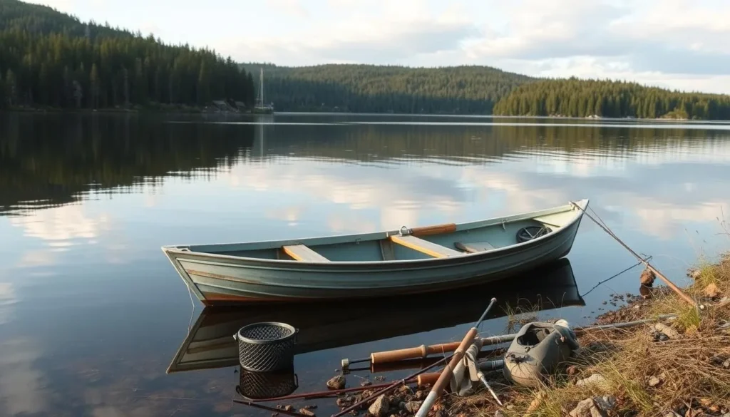 Image of a serene fishing spot on Lake Hjalmaren with a boat and fishing gear.