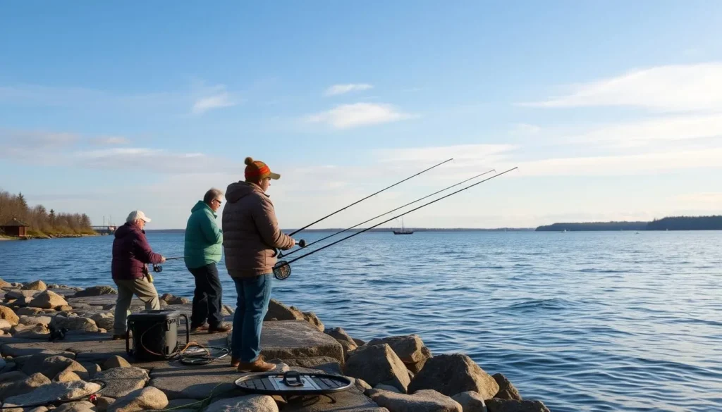 Image of a serene fishing spot on the St. Lawrence River with anglers in action Image of a serene fishing spot on the St. Lawrence River with anglers in action
