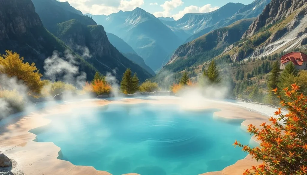 Image of a serene hot spring surrounded by mountains