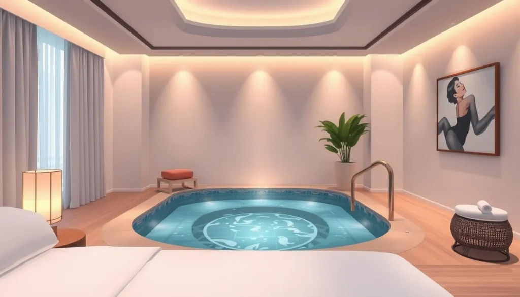 Image of a serene hotel room with a private soaking pool