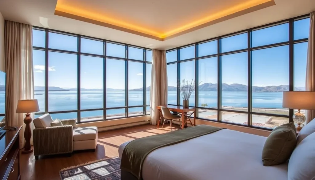 Image of a serene hotel room with a view of Lake Titicaca