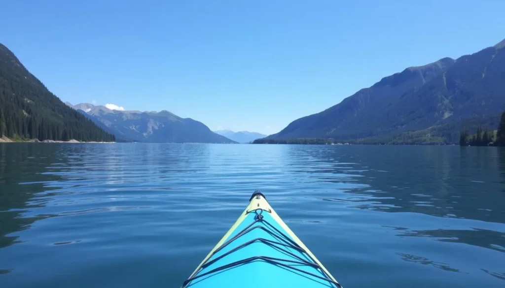 Image of a serene kayaking scene on Lake Granby
