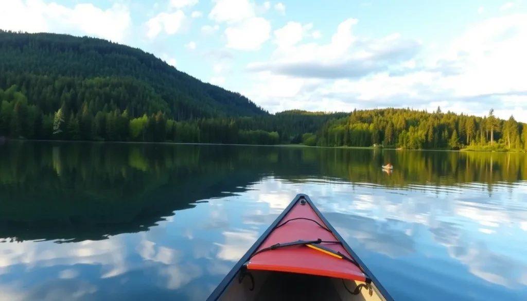 Image of a serene lake in Aukstaitija National Park with a canoe or kayak