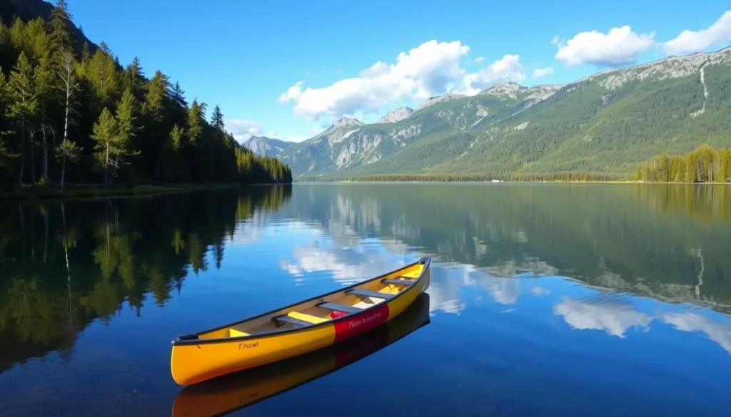 Image of a serene lake in Borgefjell National Park with a canoe
