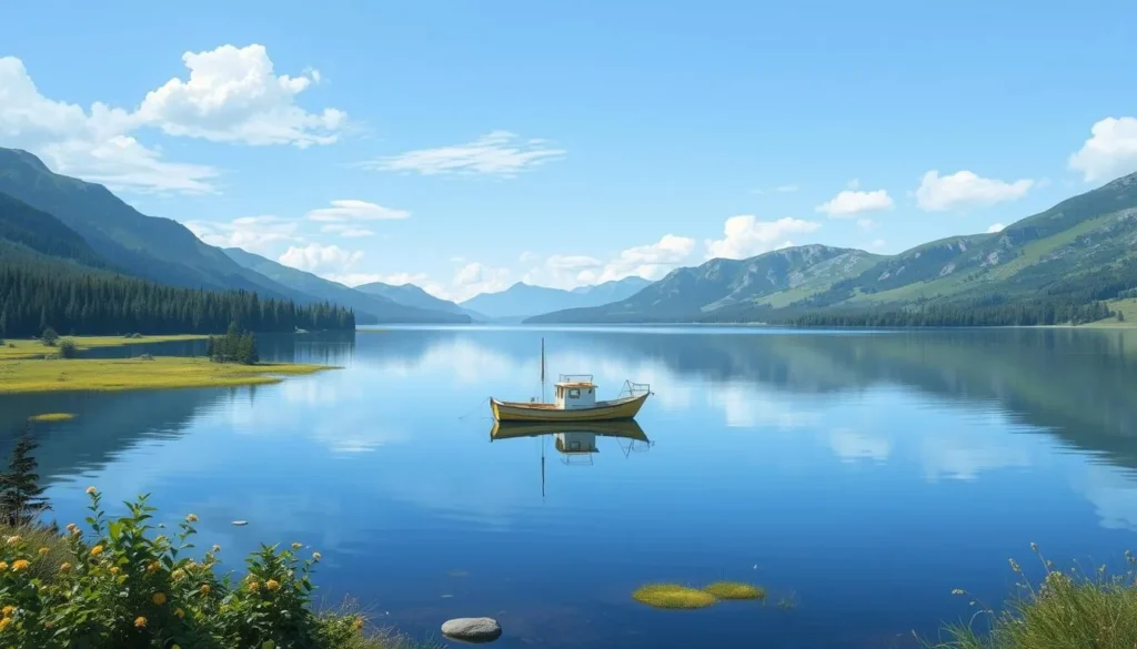 Image of a serene lake in Borgefjell National Park with a fishing boat