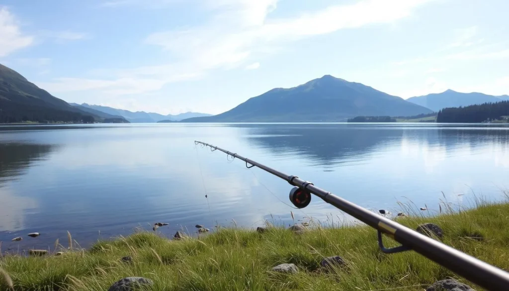 Image of a serene lake in Borgefjell National Park with a fishing rod in the foreground