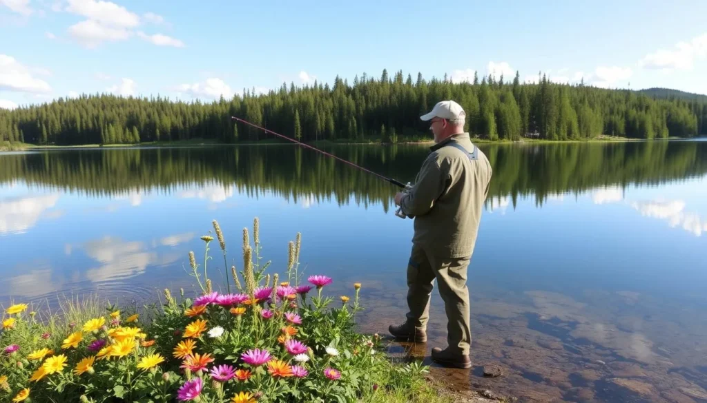 Image of a serene lake in Kuusamo with a fishing guide