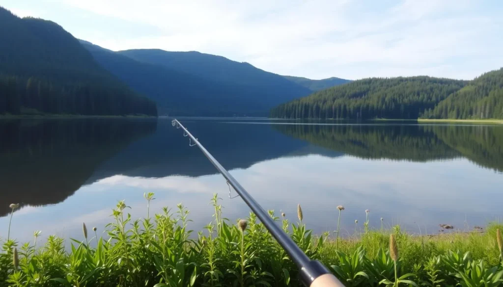Image of a serene lake in Pieljekaise National Park with a fishing rod in the foreground