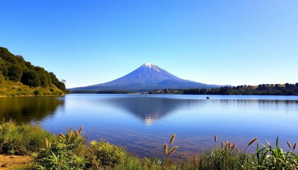 Image of a serene lake in the Lakes District with a volcano in the background