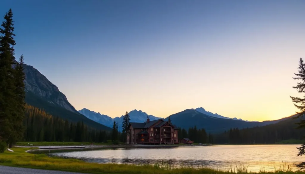 Image of a serene lakefront accommodation in Jasper National Park