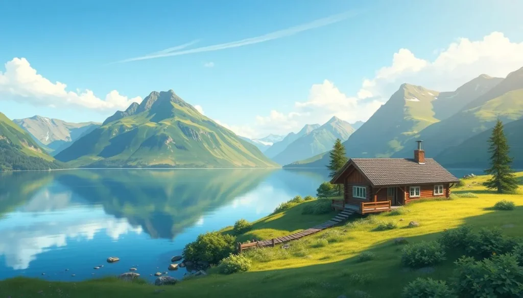 Image of a serene lakeside cabin in Norway
