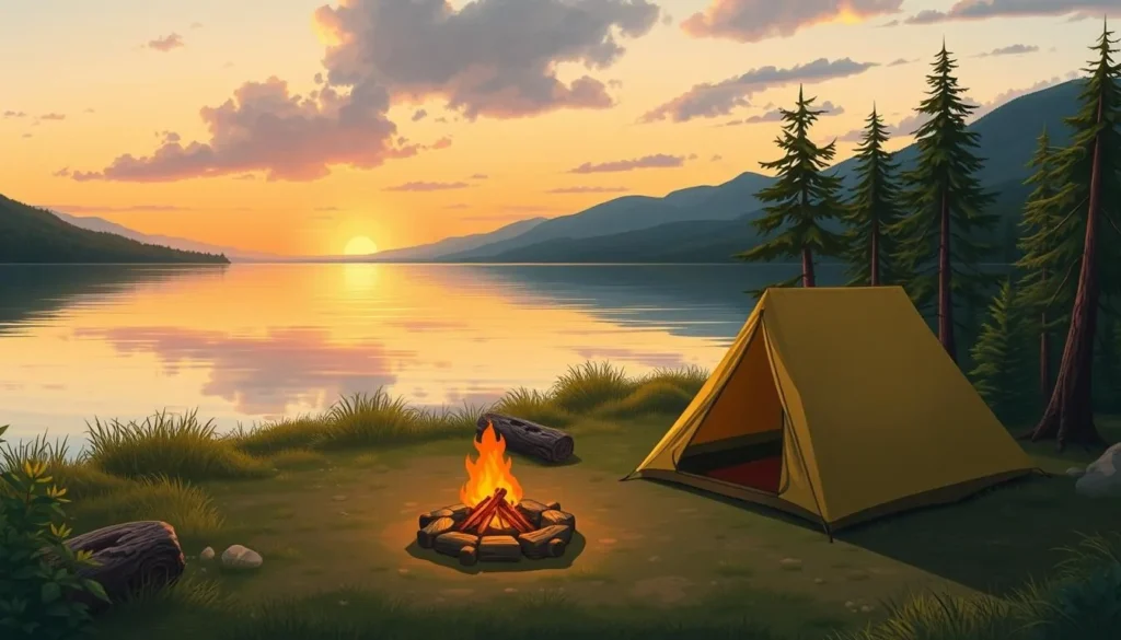 Image of a serene lakeside camping site at Lake Vaddoviken