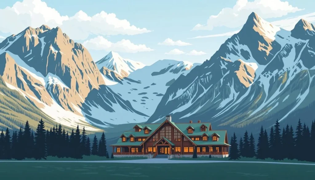 Image of a serene lodge nestled among mountains along the Icefields Parkway