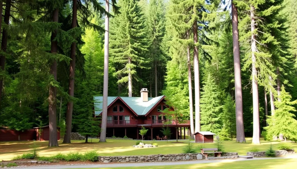 Image of a serene lodge nestled in the woods of Bella Coola Valley