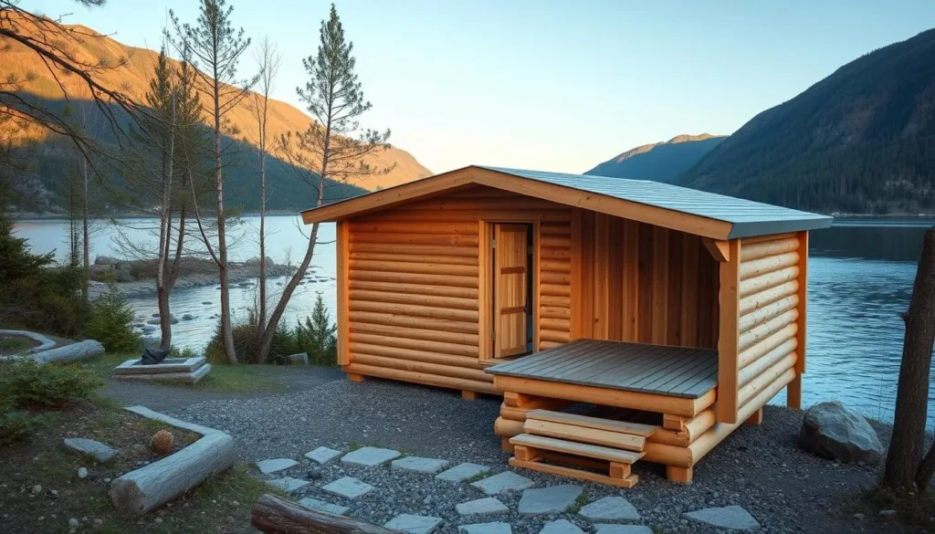 Image of a serene sauna by the river with a stunning view of Lake Jolstravatnet