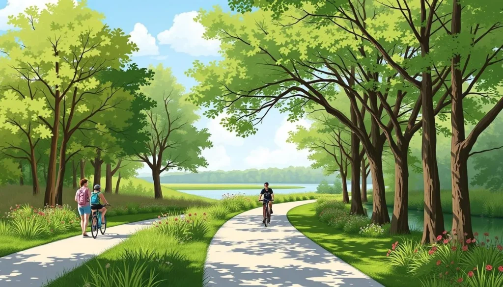 Image of a serene section of the Mary Carter Greenway Trail with walkers and cyclists enjoying the scenic views.