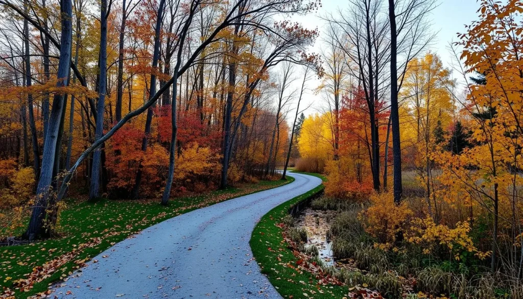 Image of a serene trail in Waskasoo Park during autumn