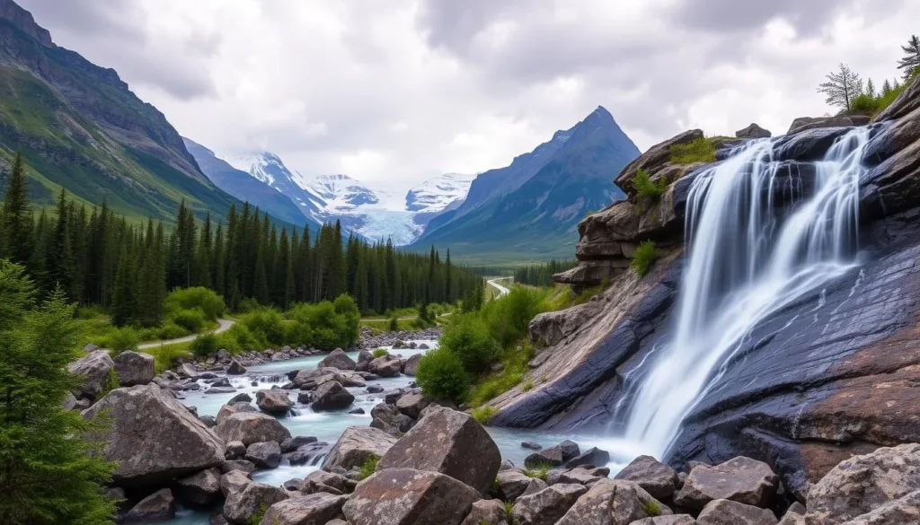 Image of a serene waterfall along the Icefields Parkway
