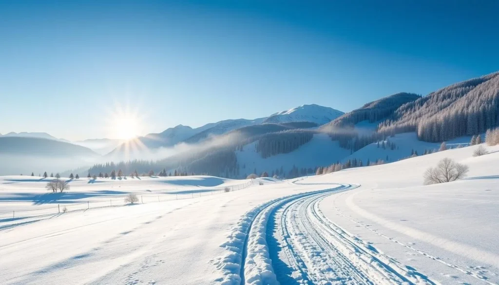 Image of a serene winter landscape in the Aigert Mountains with cross-country ski trails.
