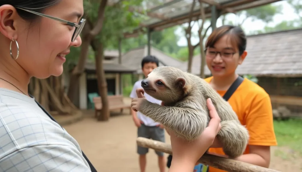 Image of a sloth being held by a visitor at the Chou Aï Rescue Center