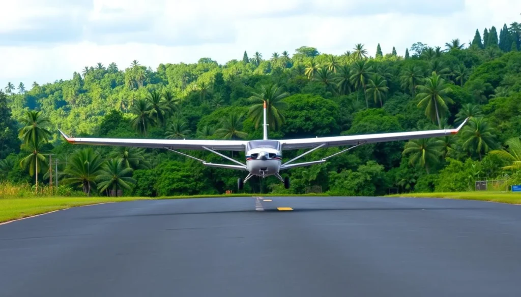 Image of a small aircraft landing on the airstrip in Maripasoula, French Guiana